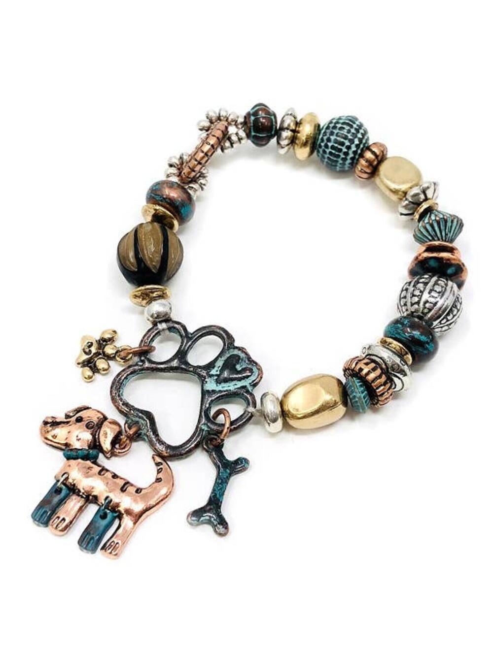 Handmade Beaded Dog Charm Stretch Bracelet